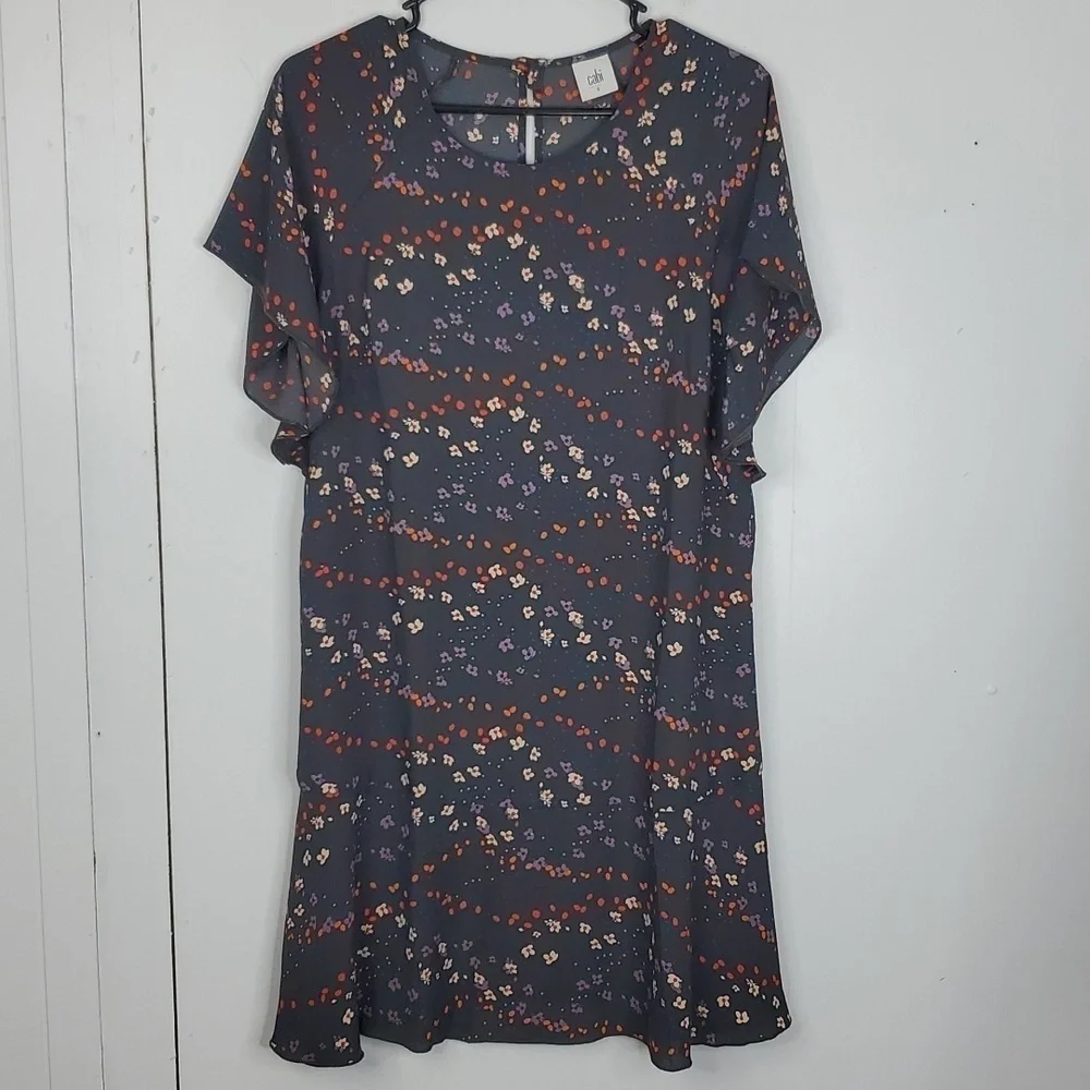 Cabi Muse Floral Dress Flutter Short Sleeve Chiffon Wide Flounce Hem Womens S